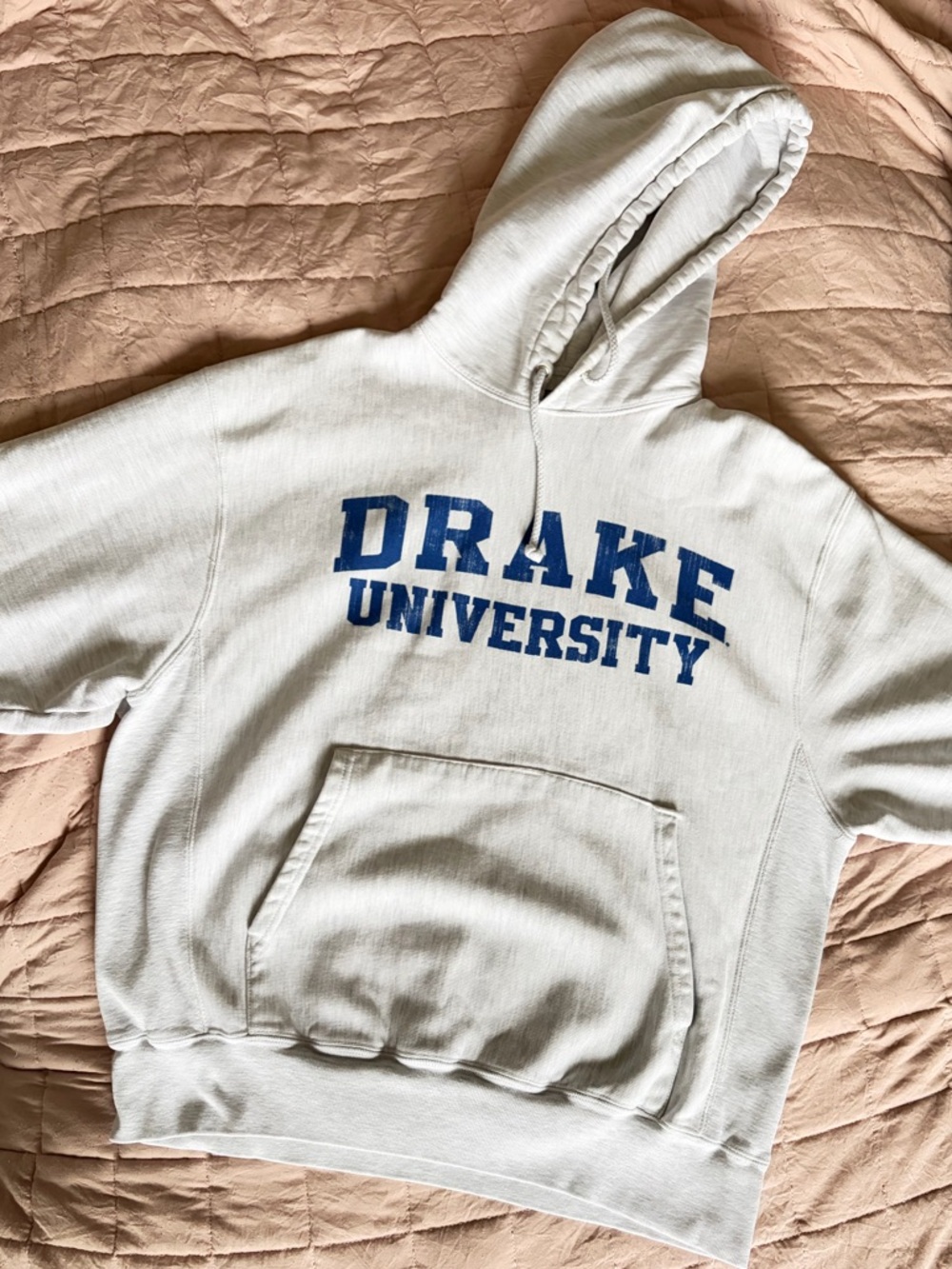 Light Heather Gray Champion Pullover Hoodie with Blue Drake University Logo